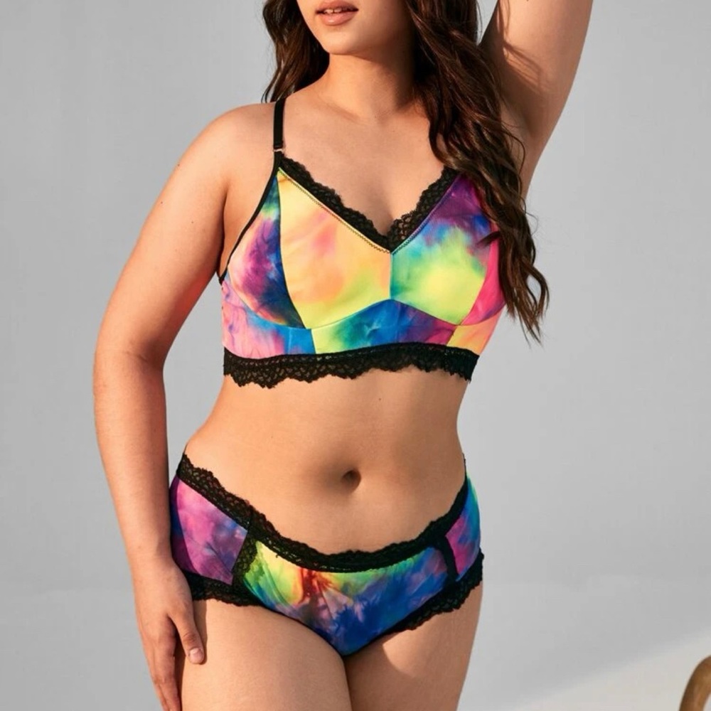 Plus Tie Dye Lace Trim Lingerie Set 3x